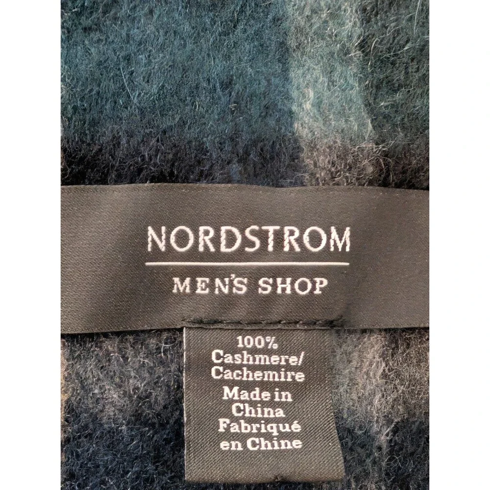 Nordstrom 100% Cashmere Men's Plaid Scarf Navy/Green Fringe 12